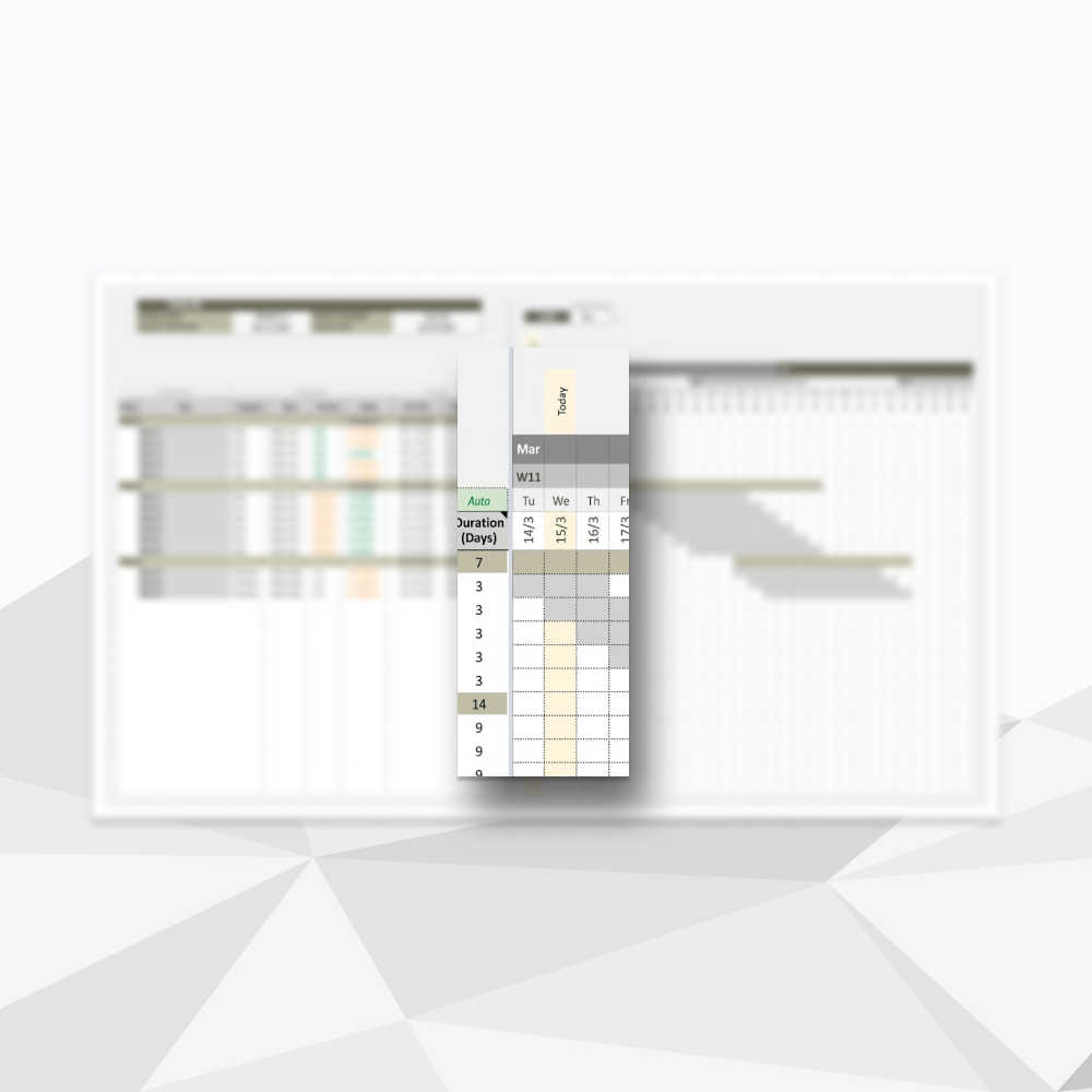A blurred spreadsheet or schedule with dates, durations, and other details, partially visible and overlayed with a semi-transparent logo.
