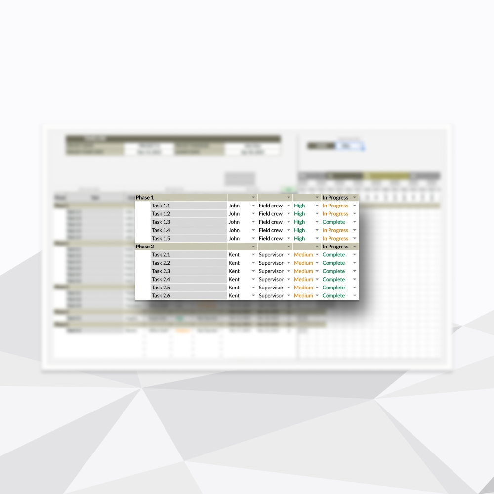 Blurred screenshot of a project management or task tracking spreadsheet with tasks, phases, responsible persons, priority levels, and status indicators.