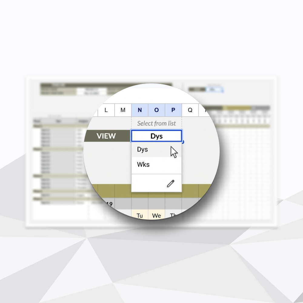 Close-up of a spreadsheet with a dropdown menu open, displaying options for viewing data, including 'Dys,' 'Wks,' and a pencil icon, with a cursor pointing at 'Dys'.