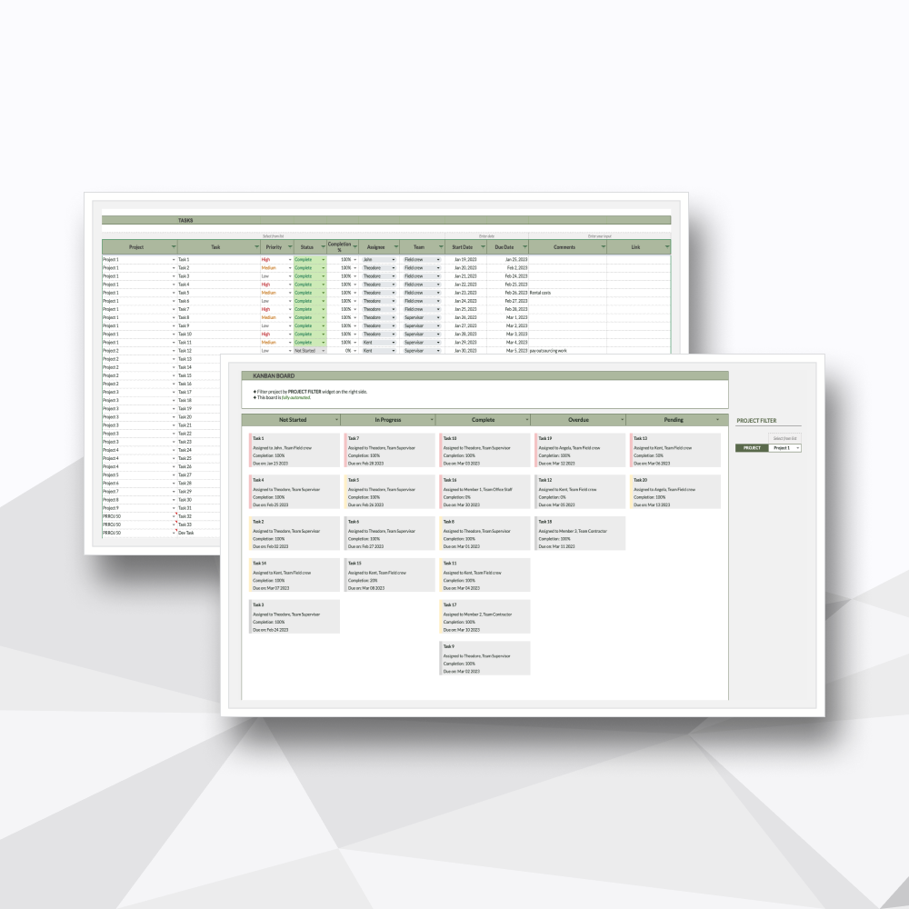 Screenshot of project management documents, including a task list and a Kanban board with tasks and statuses.