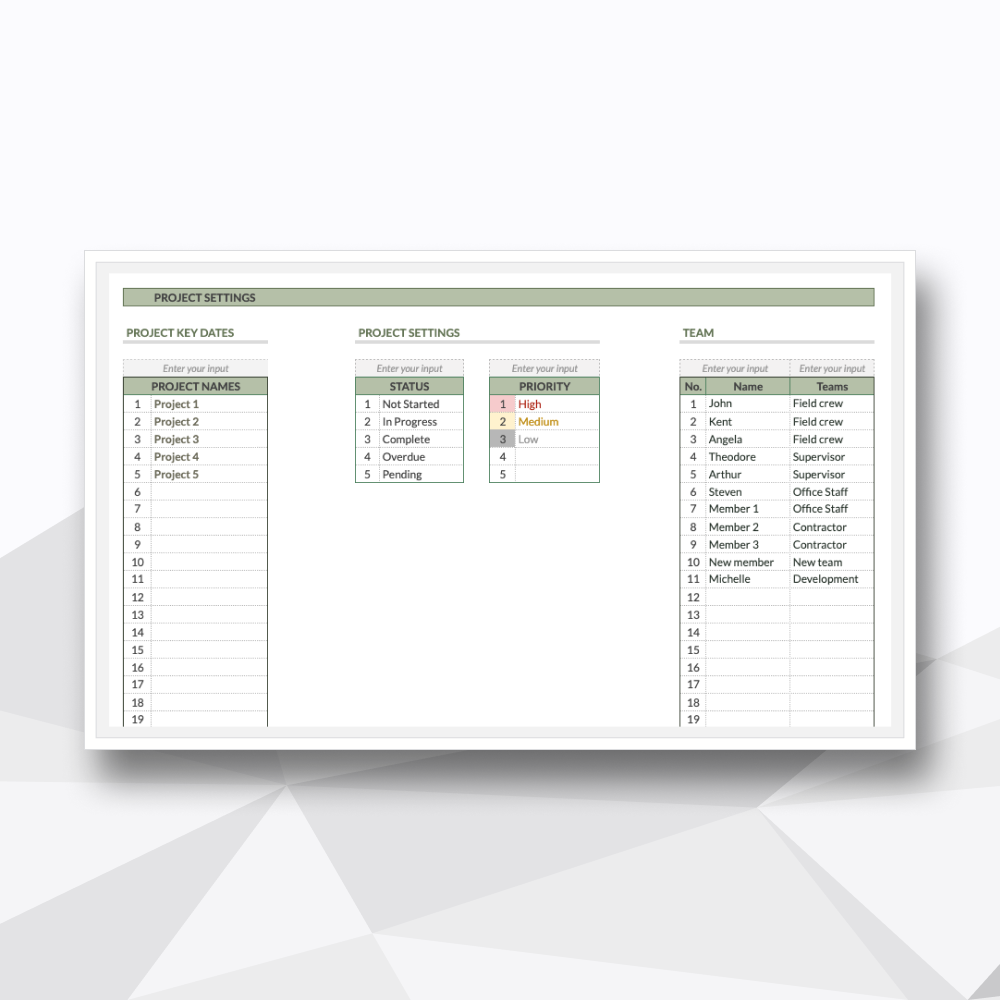 Spreadsheet titled 'Project Settings' with sections for project key dates, project names, project settings, and team members, organized in columns and rows.