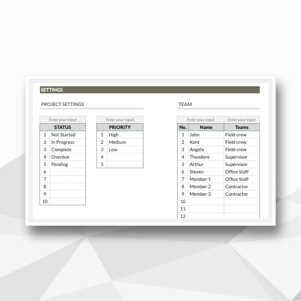 Project management spreadsheet with sections for project settings, team member list, project status, and priority levels.