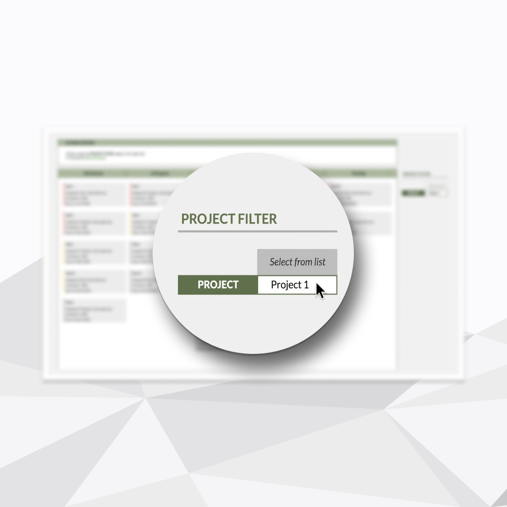A digital user interface showing a project filter menu with options to select a project from a list, featuring a cursor pointing to 'Project 1'.