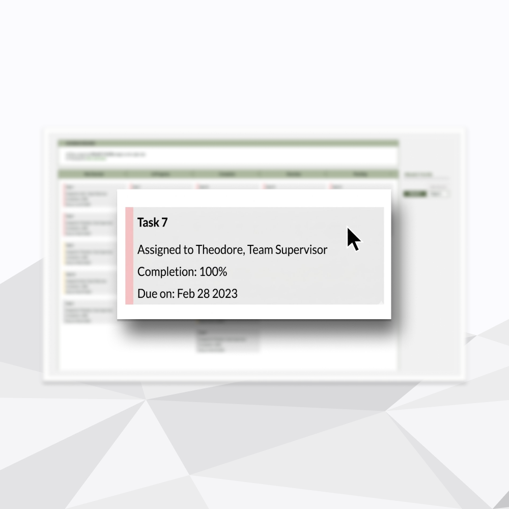 A progress tracking screen showing task 7 assigned to Theodore, with 100% completion and due date February 28, 2023.