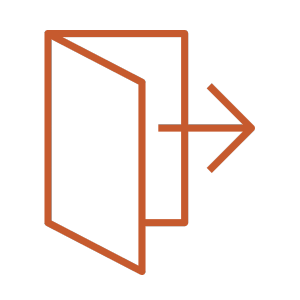 Open door with an arrow pointing outward, indicating exit or leaving.