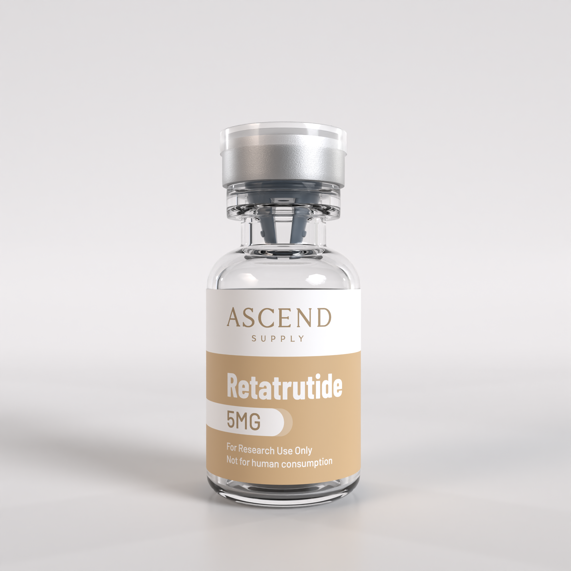 A clear glass vial labeled 'ASCEND SUPPLY Retatrutide 5MG' with a white cap, intended for research use only.
