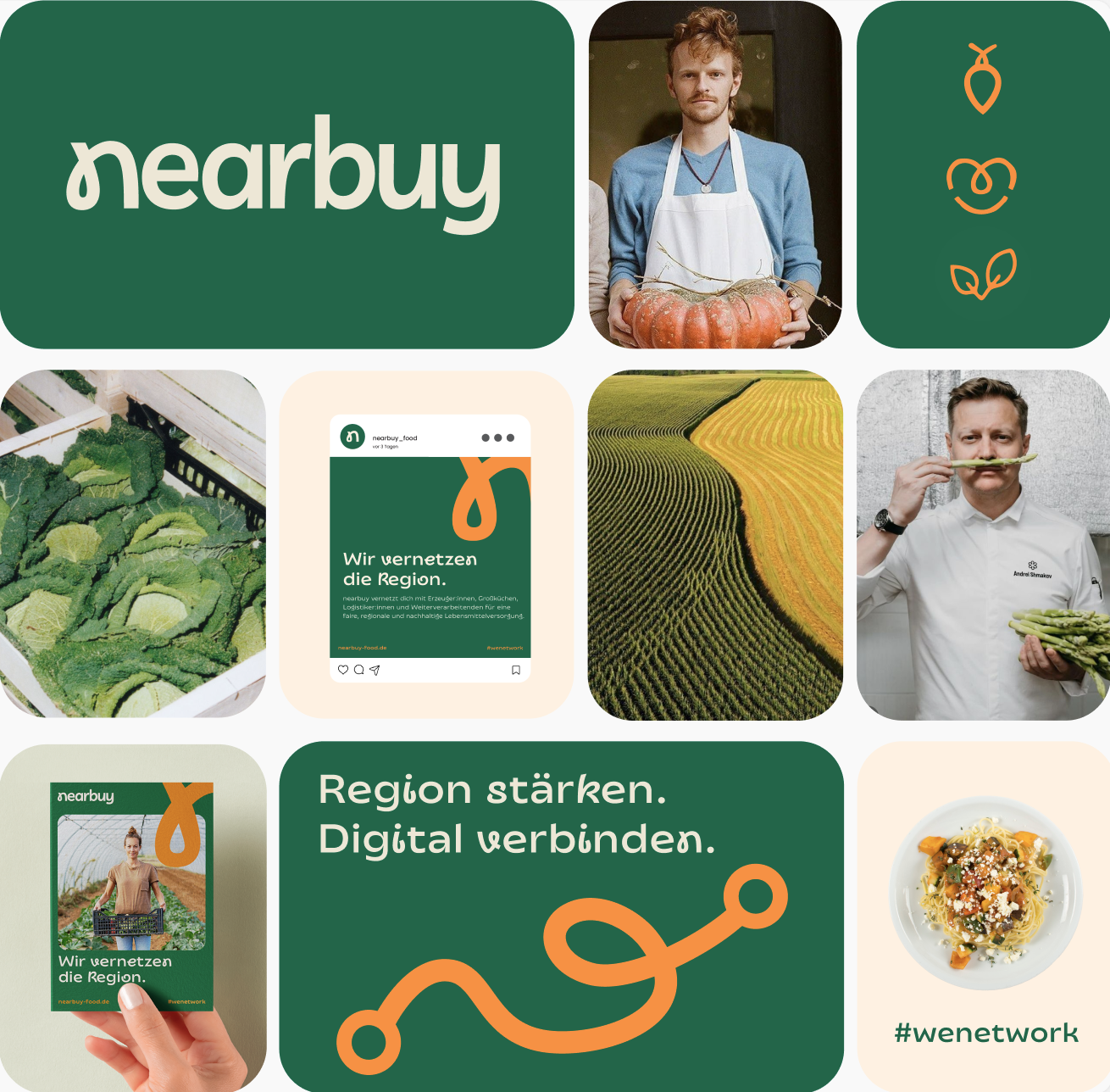 Collage mit Bildern von Agricultura, Lebensmittel, Menschen, und digitaler Vernetzung, inklusive einem Mann mit Kürbis, einem Feld, einem Koch mit Spargel, Salat, und einer Illustrationsgrafik mit Text. Themen: regionale Lebensmittel, Digitalisierung und Vernetzung.