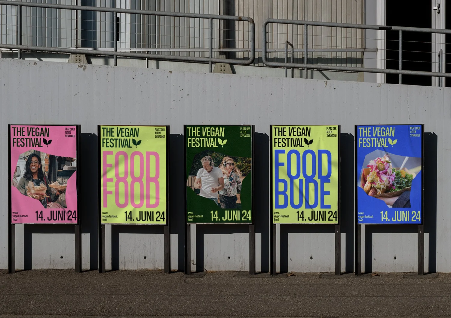 Bunte Plakatserie für The Vegan Festival an einer Betonwand