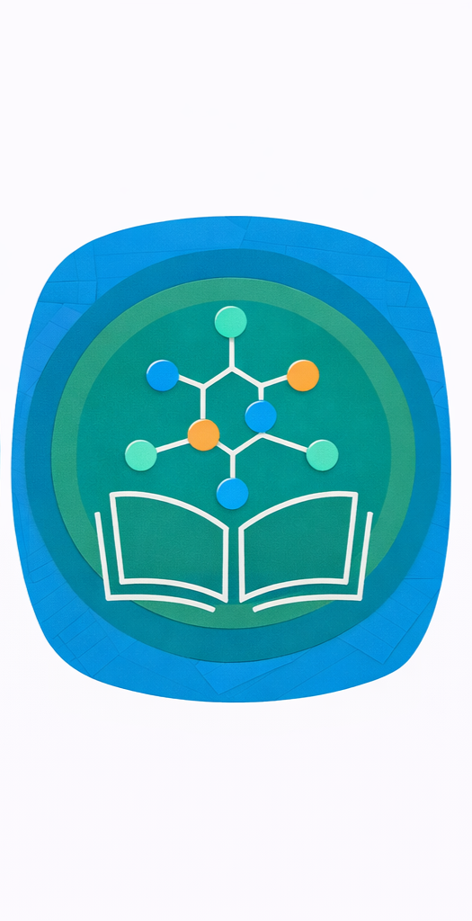 A colorful poster featuring a molecular structure above an open book with a blue and green circular background.