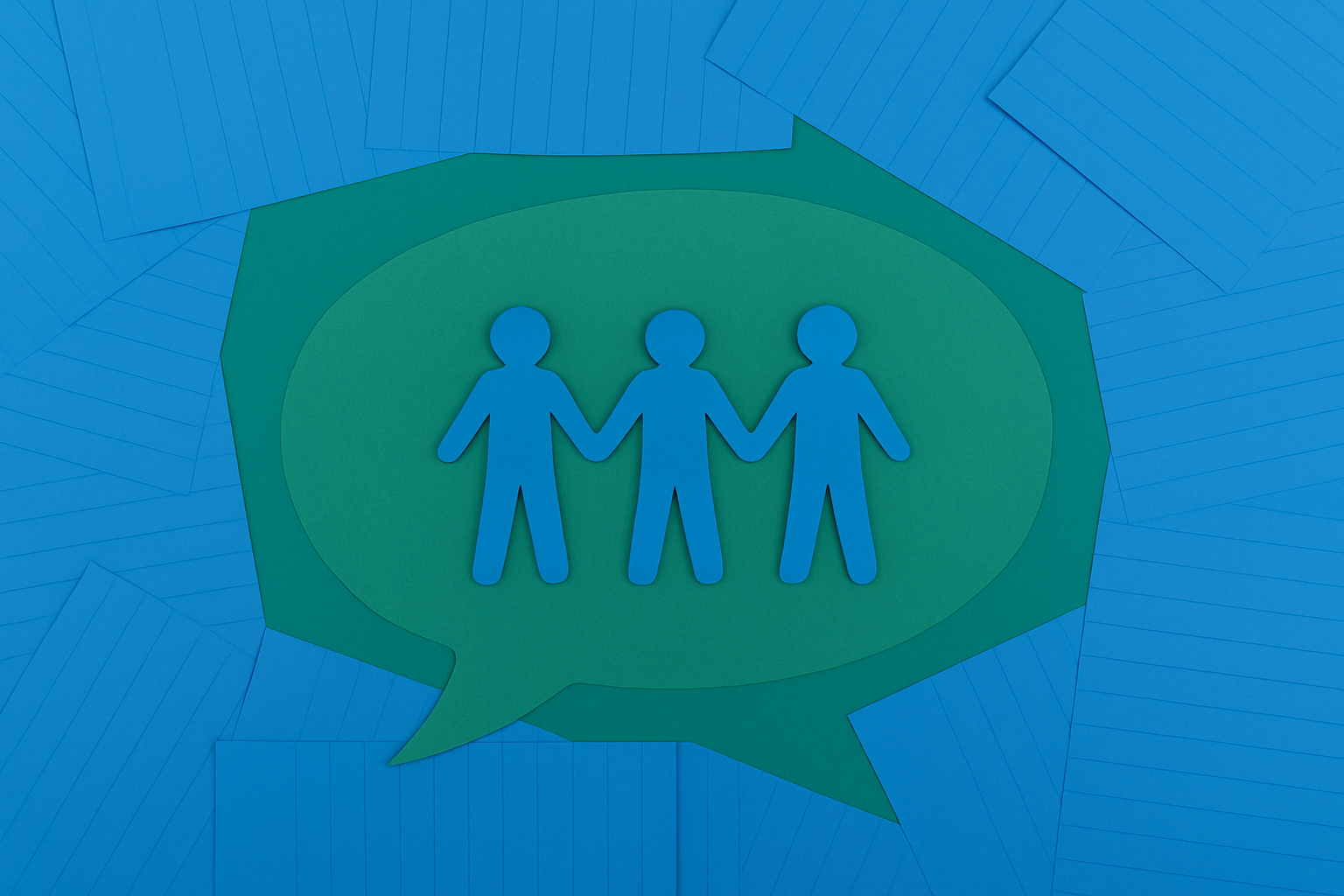 Paper cutouts of three people holding hands inside a green speech bubble, placed on a blue background with scattered papers.