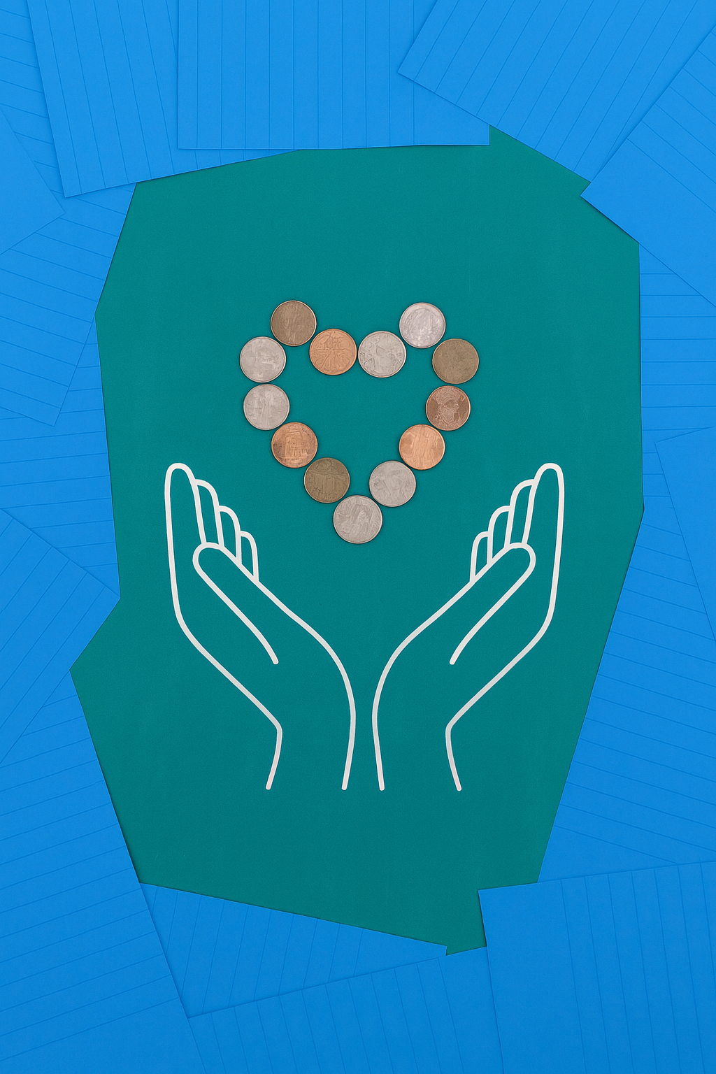 Coins arranged in the shape of a heart above white line drawings of hands cupping the heart, set against a teal background with blue paper borders.