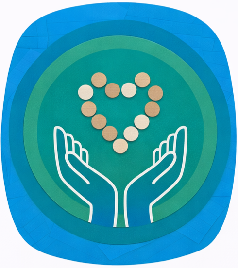 A digital illustration of two stylized hands forming a heart shape with small circular tokens of light and dark brown colors, arranged in a heart shape above the hands, set against a blue and green circular background.