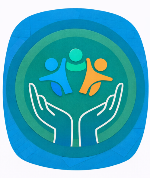 Icon of two hands holding two abstract figures, one blue and one orange, representing care or support.