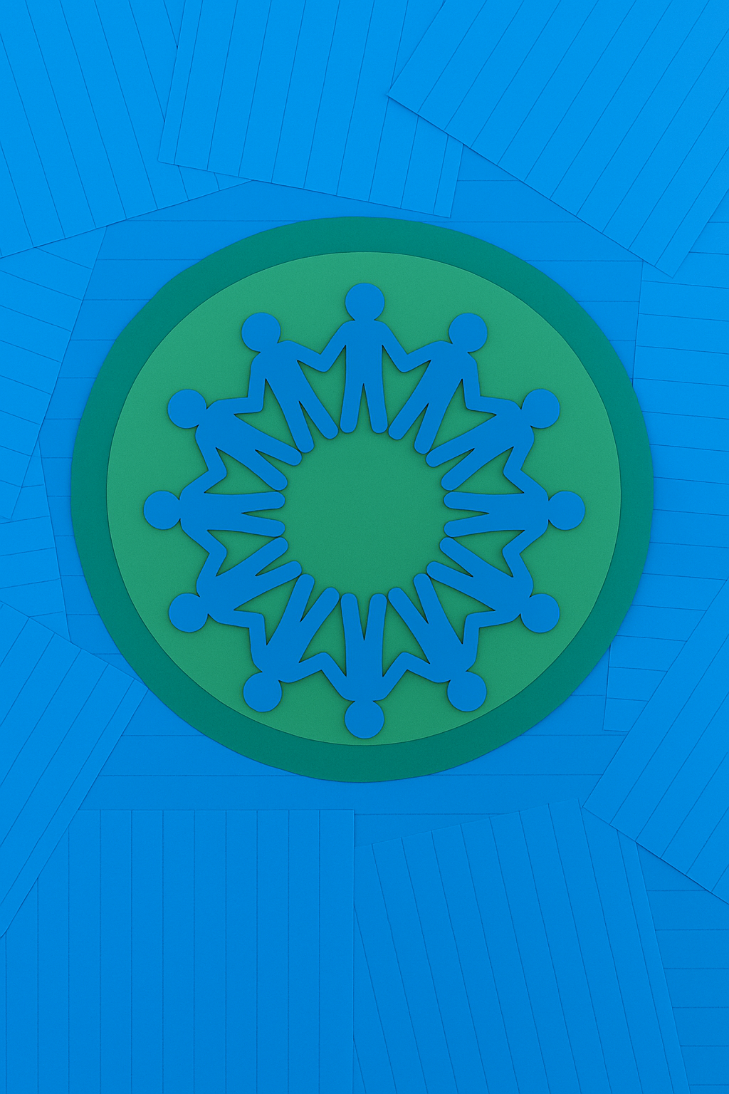 A circular symbol featuring a group of blue human figures holding hands in a ring on a green background, with a large blue area decorated with lines around it.