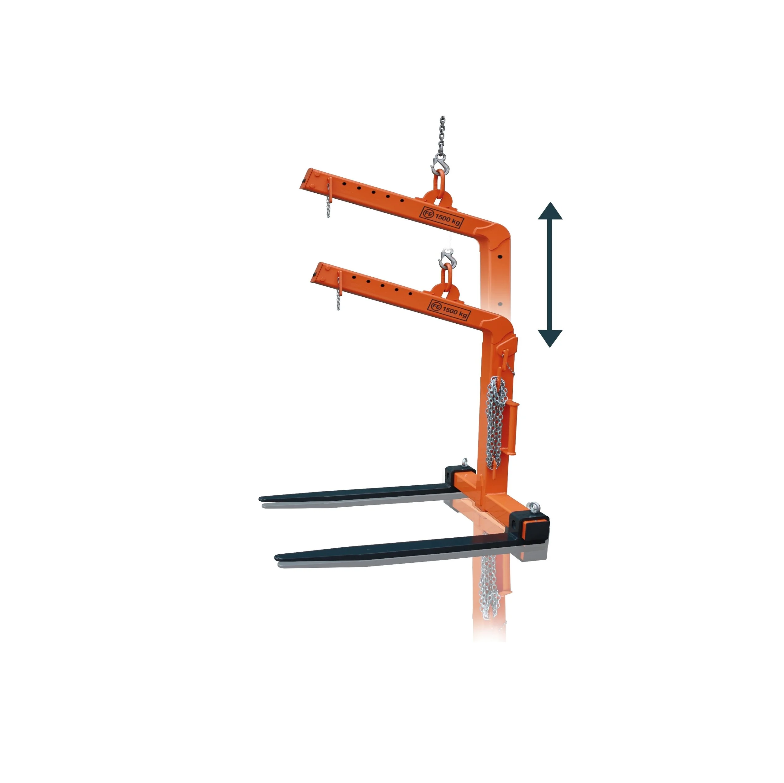 Crane Forks demonstrating that they telescope for tall loads. These Orange Self leveling crane forks are rated at 4400 lbs.