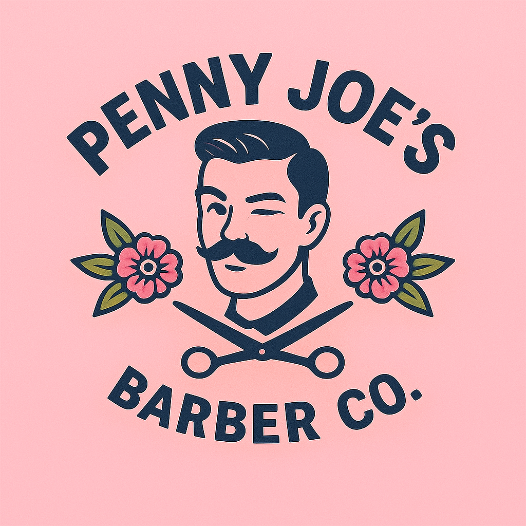 Logo for Penny Joe's Barber Co. featuring a man with a mustache, two pink flowers, and a pair of scissors on a pink background.
