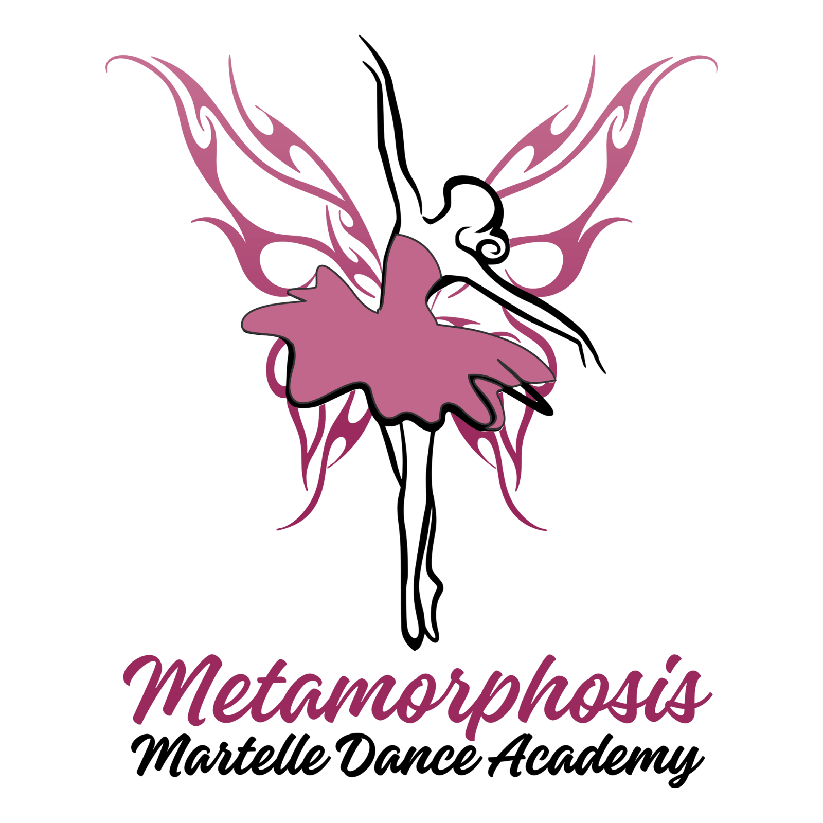 A stylized pink butterfly with floral wings above the text 'Metamorphosis' and the words 'Martelle Dance Academy' underneath.