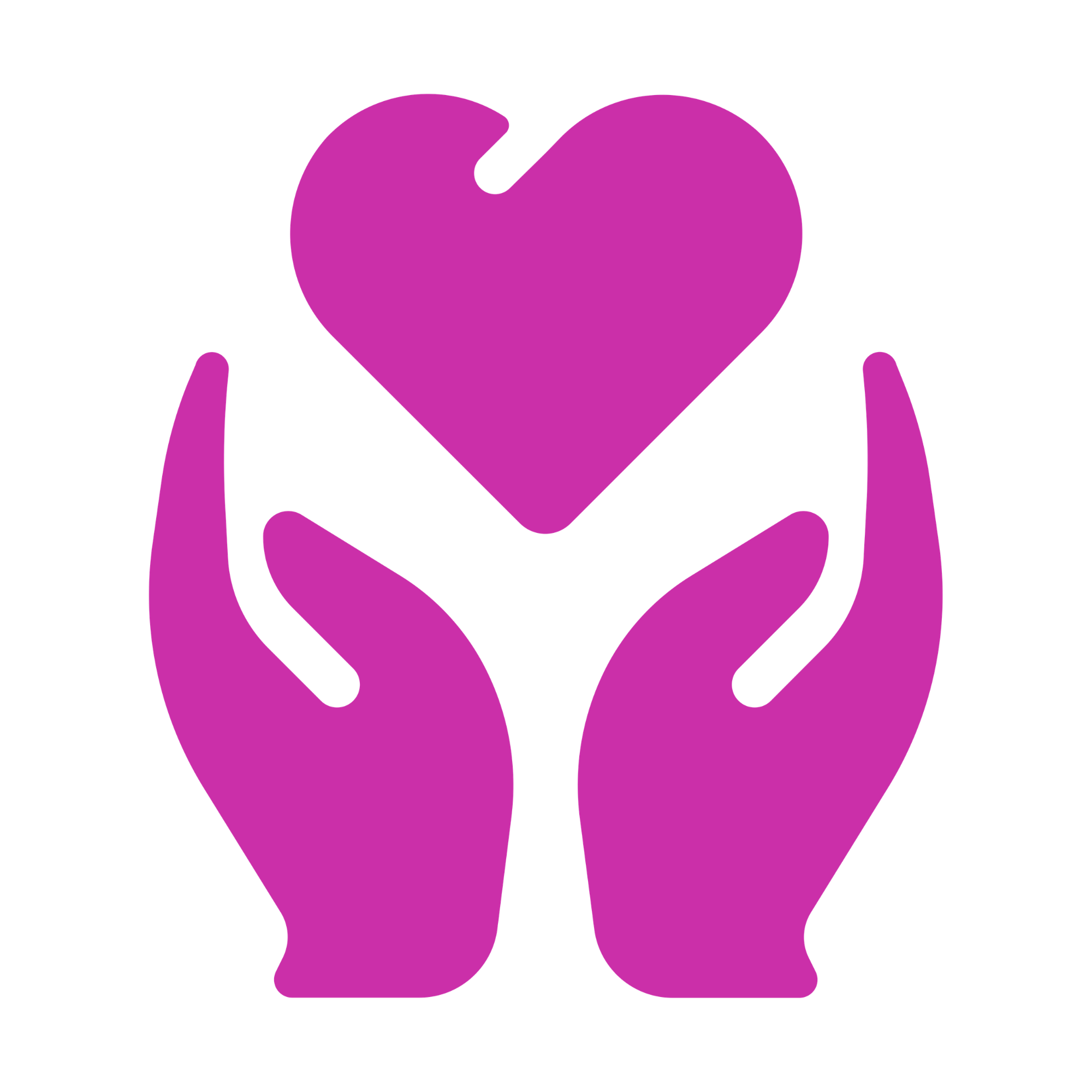 Illustration of pink hands forming a heart shape around a pink heart symbol.