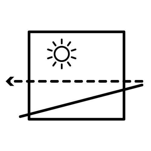 Diagram illustrating cutting along a diagonal line within a square, with a dot representing the sun outside the square and an arrow pointing left.