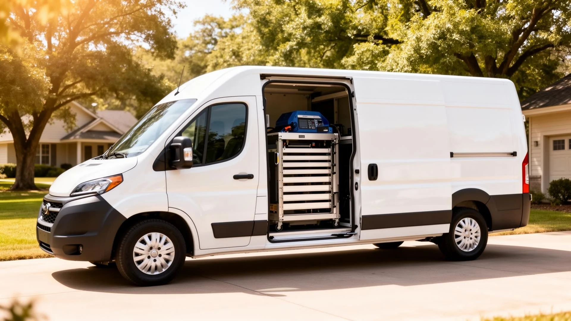 A white service van with an open side door showing equipment inside, parked on a suburban street with trees and houses in the background.