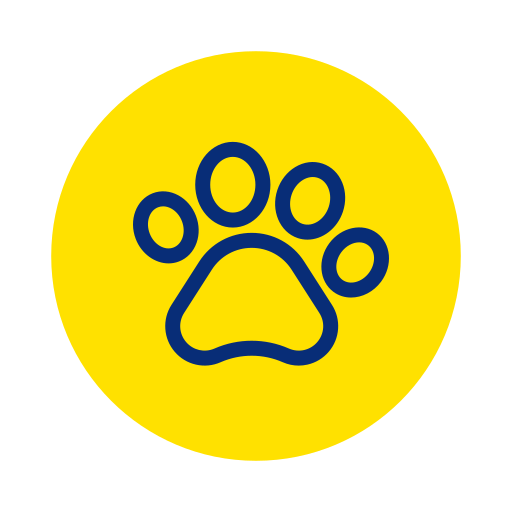 Dog paw print icon inside a yellow circle on a black background.