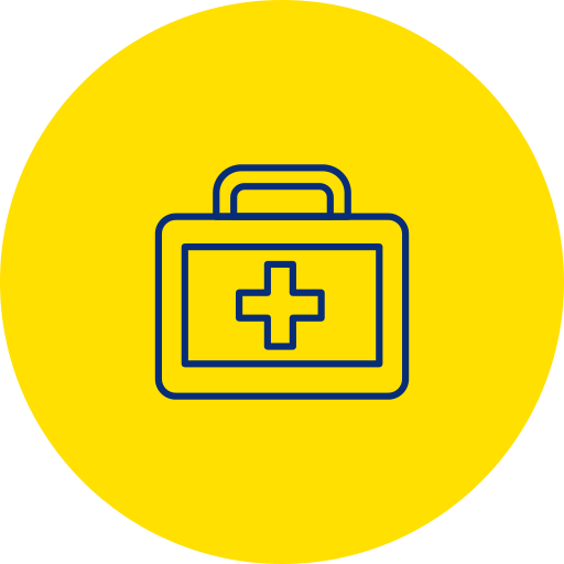 Outline of a first aid kit with a cross symbol, set against a yellow circular background.
