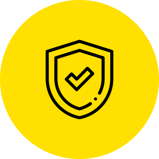 A yellow circular background with a black outline of a shield containing a checkmark in the center.