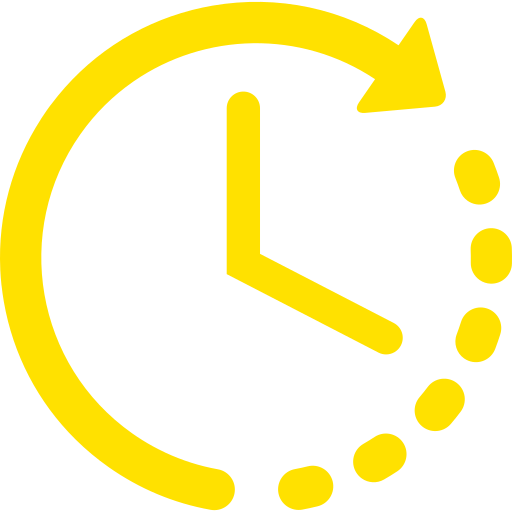 Yellow clock icon with a circular arrow and dotted trail indicating time passing or management.