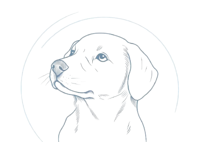 Minimalist line art of a dog's head inside concentric circles, on a black background.