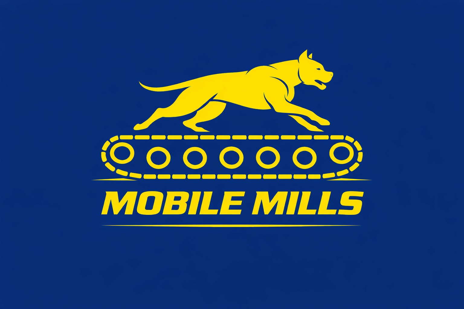 Blue background with a yellow running dog overlaying a stylized tank track and the words 'Mobile Mills' underneath.