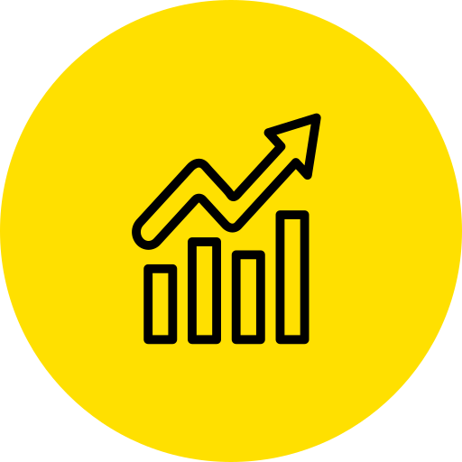 A black line graph with an upward trending arrow over a yellow circular background.