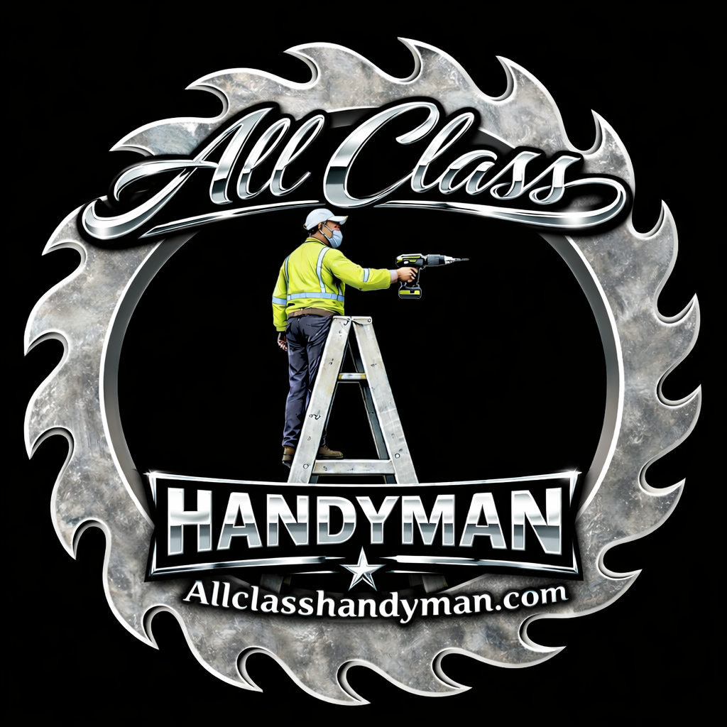 A logo for All Class Handyman featuring a person wearing a yellow safety jacket, gray cap, and face mask standing on a ladder, holding a drill, with the text 'All Class Handyman' and the website 'Allclasshandyman.com' surrounding a circular saw blade design.