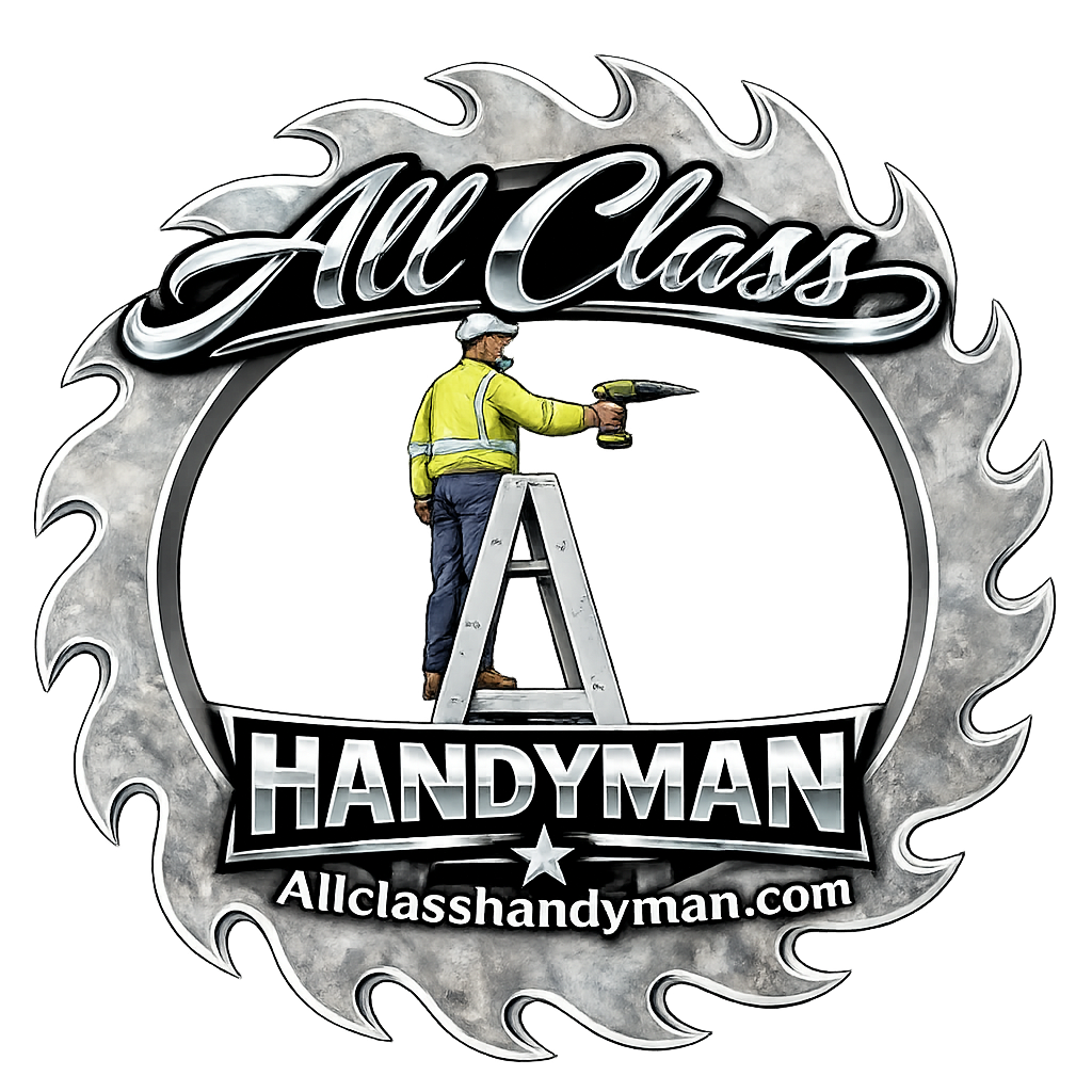 Grafical logo for All Class Handyman featuring a man on a ladder using a power drill, with a flame border and text indicating the handyman service.