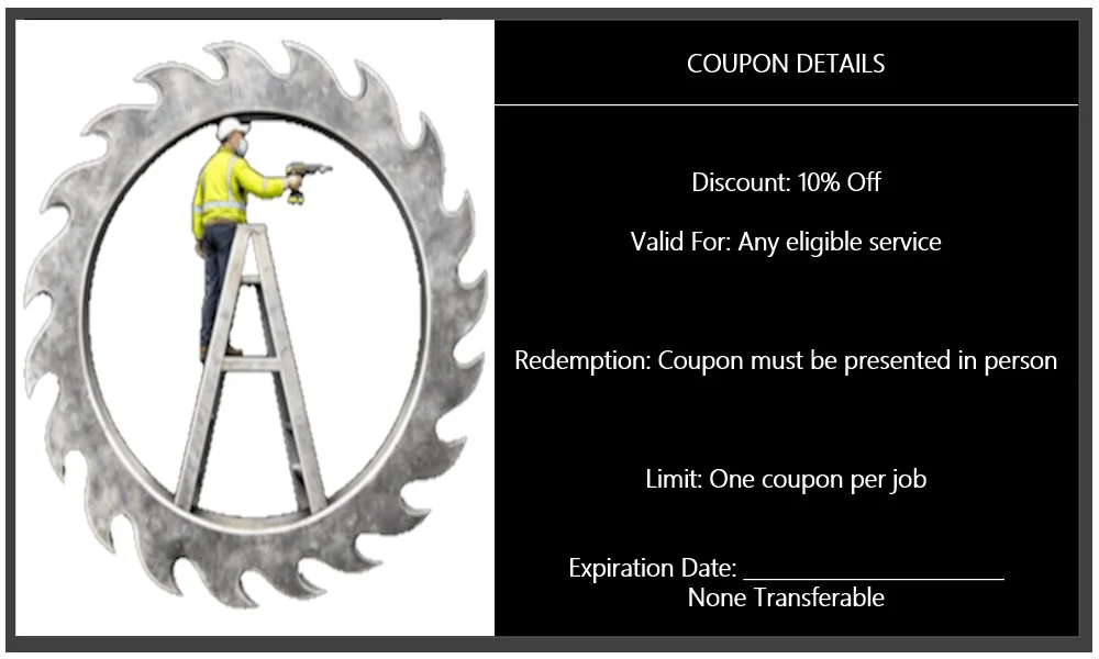 A coupon offering a 10% discount for any eligible service, with details about redemptions, limit, and expiration date, next to an illustration of a worker in safety gear on a ladder cutting a metal saw blade.