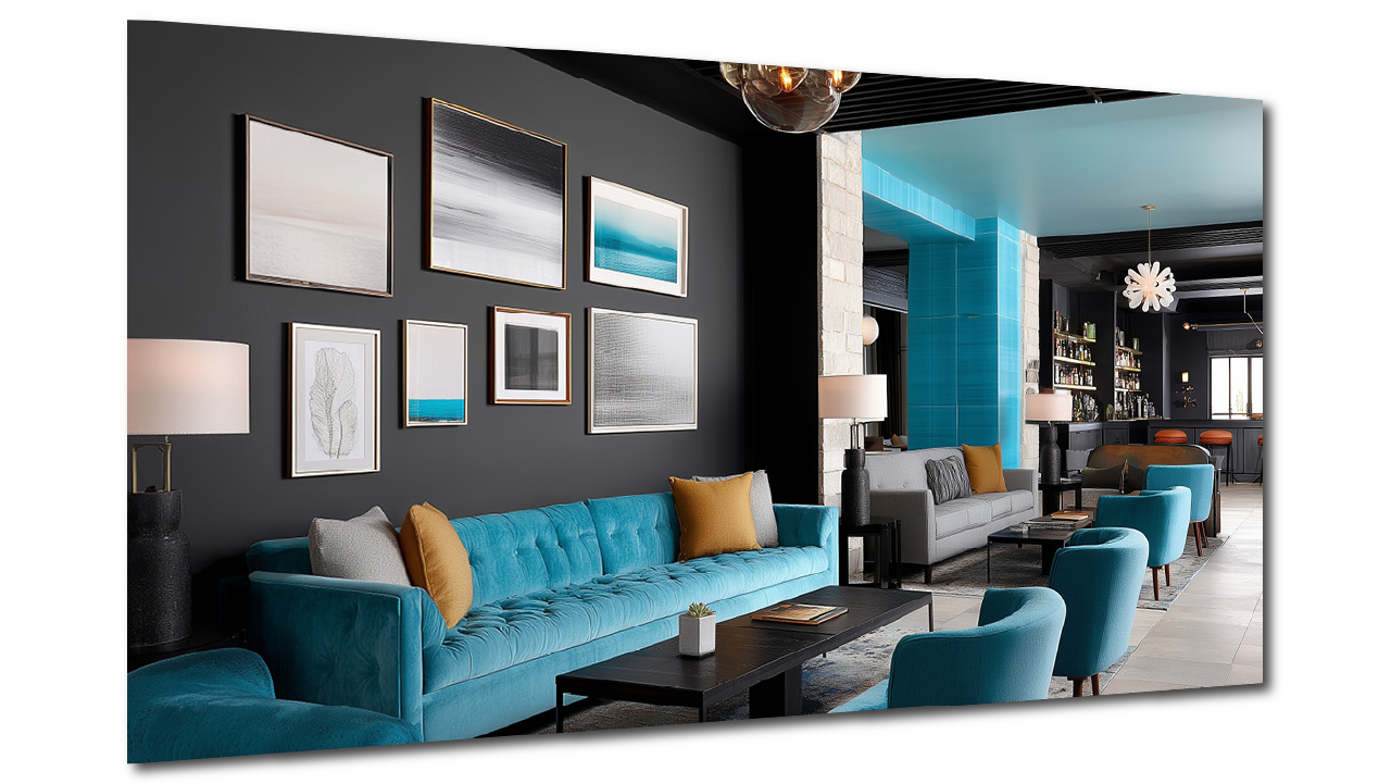Modern custom hotel lounge area with colorful furniture, framed artwork on dark wall, and bar in background.