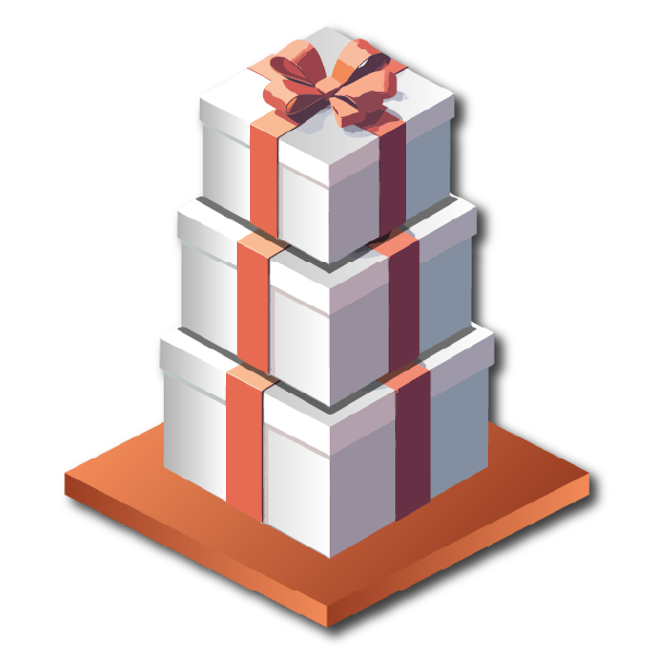Three stacked white gift boxes with brown ribbons and a pink bow on top, placed on a brown platform to indicate a Loyalty Program that allows clients to save money on their hotel design projects.