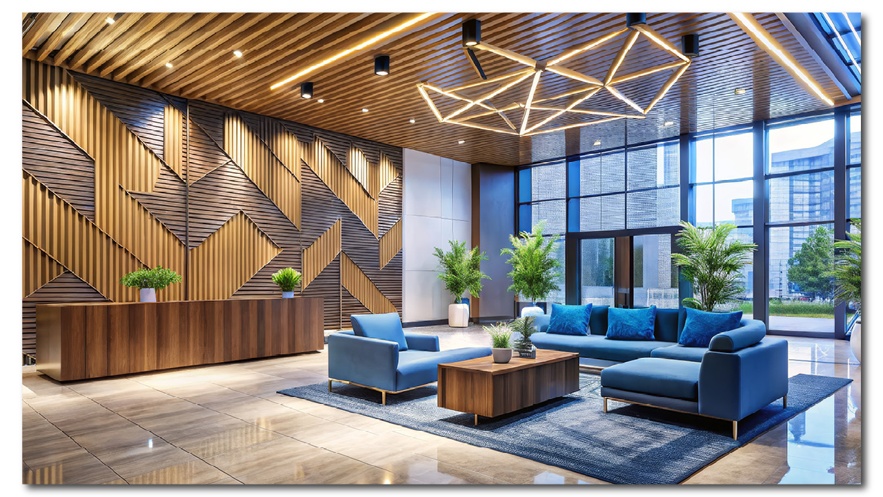 Modern boutique hotel lobby with blue sofas, a wooden coffee table, indoor plants, large windows, and a decorative wooden wall with geometric design.