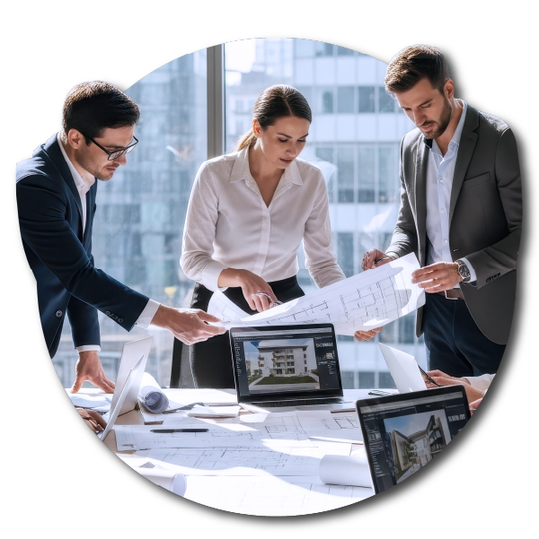 Three professionals reviewing architectural blueprints in a modern office with large windows and cityscape view, surrounded by laptops and rolled-up plans. This is a scene from a big architectural firm.