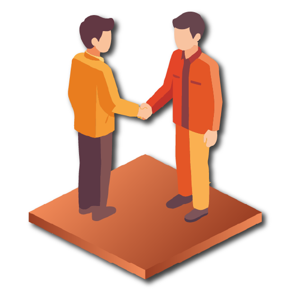 Two people shaking hands on a platform to indicate a Referral Program that allows clients to save money on their hotel design projects.
