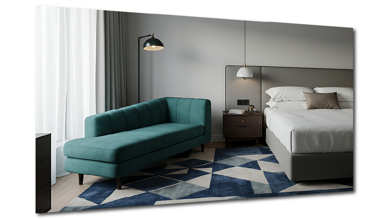 Interior of a modern lifestyle hotel room featuring a teal sofa, a bed with white linens and a gray headboard, a dark wood nightstand, two pendant lights, a floor lamp, and a geometric-patterned rug in shades of blue and white, with curtains.