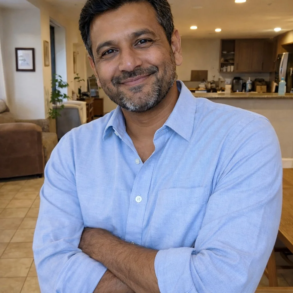 A smiling man with dark hair and a beard in a blue button-up shirt, standing in a cozy home interior with a kitchen and living room in the background. Photo for client testimonial.