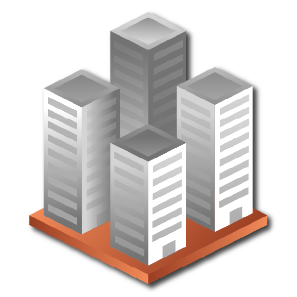 Illustration of five hotel buildings on a brown base, viewed in isometric perspective to indicate a High-volume Program that allows clients to save money on their hotel design projects.