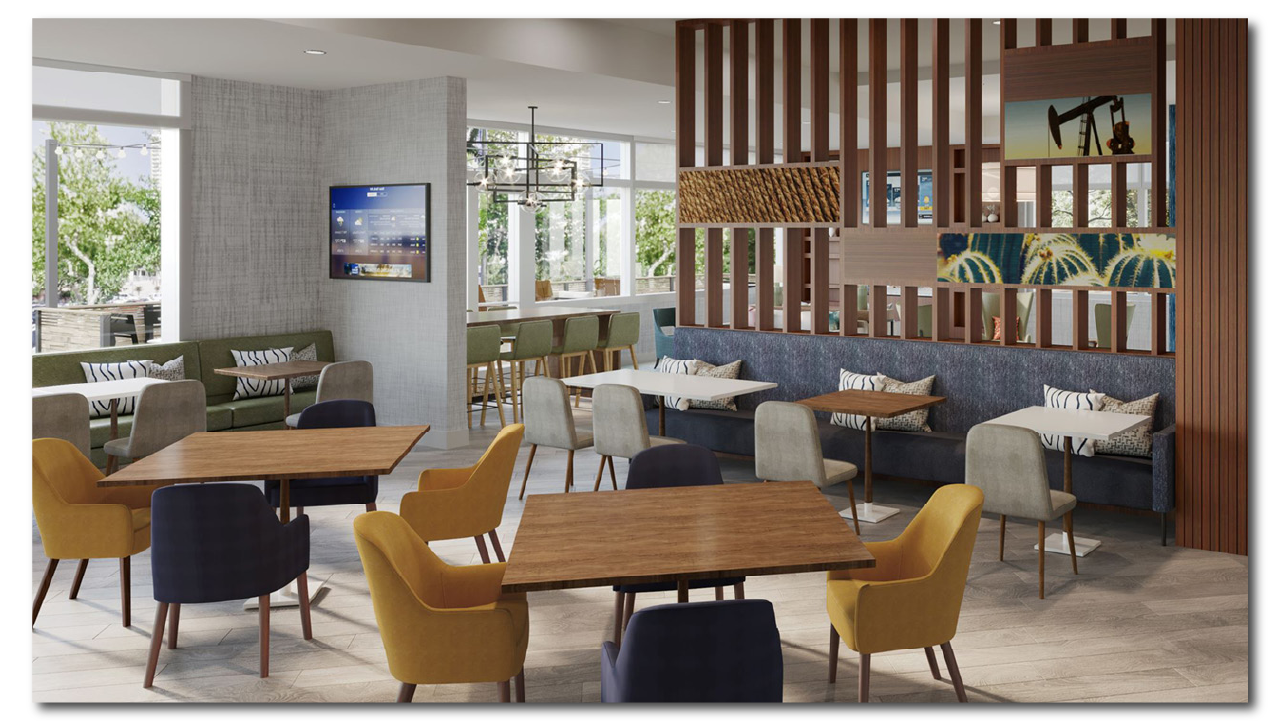 Interior of prototype hotel lobby for Choice Hotels - Rise and Shine scheme - with colorful chairs, wooden tables, a hanging chandelier, large windows, wall-mounted TV, and decorative wall art.