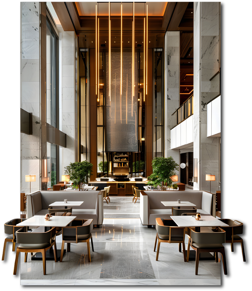 Elegant hotel lobby with high ceilings, modern lighting fixtures, marble walls, and seating areas with tables, chairs, and greenery.