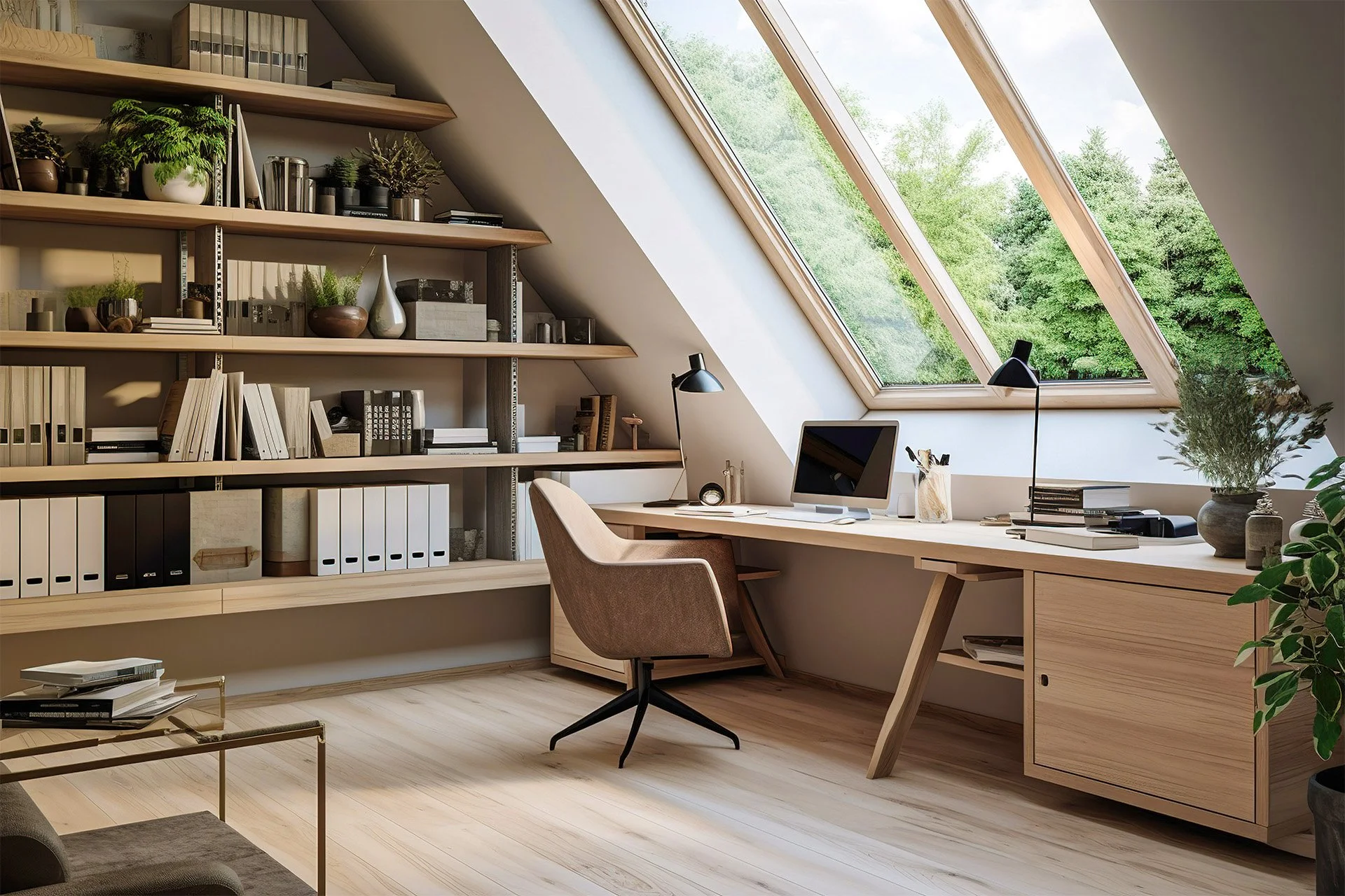 Monarch Hotel Design office. A bright office with a sloped ceiling and large skylight windows showing green trees outside. The room has wooden furniture including a desk, a chair, and a bookshelf filled with books and plants.