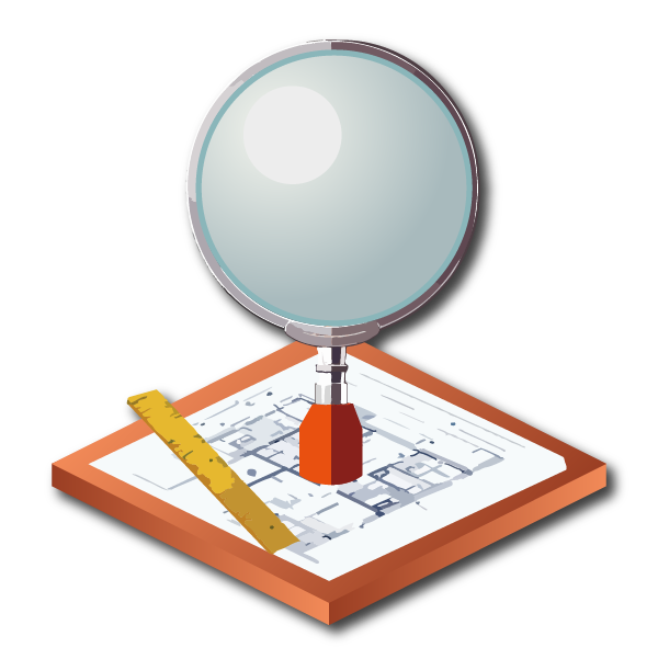 Step 1 of the Monarch Method: Research. A magnifying glass positioned over architectural blueprints with a ruler nearby.