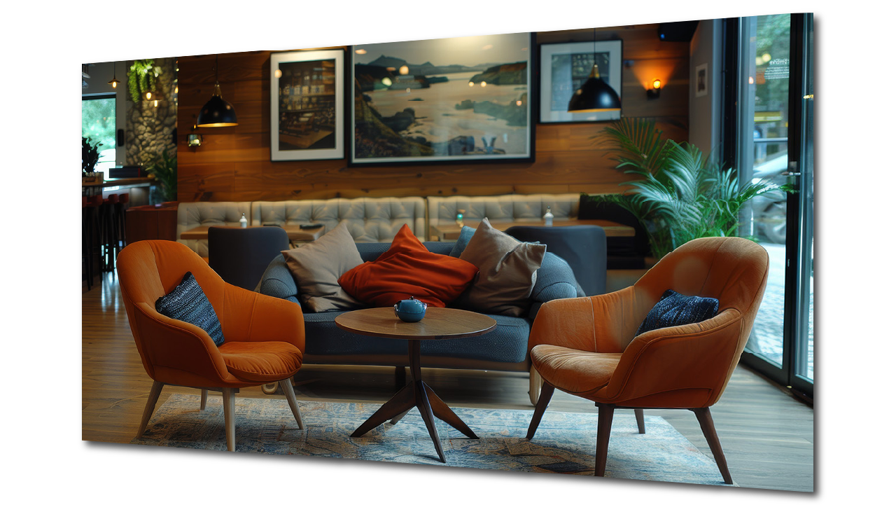 A cozy custom hotel public area with two orange armchairs, a blue sofa with multiple pillows, a round wooden coffee table, framed art on a wooden wall, a large green plant, and a sliding glass door leading outside.