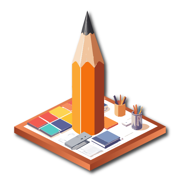 Step 2 of the Monarch Method: Design. Illustration of a large pencil with various color swatches and stationery items around it.