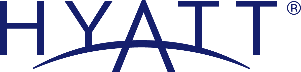 The logo for Hyatt Hotels, featuring the word 'HYATT' in navy blue uppercase letters with a curved line underneath.