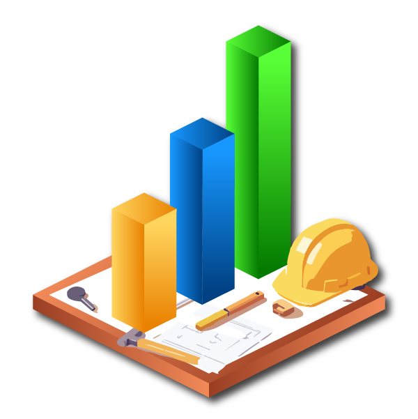 Step 3 of the Monarch Method: Coordinate. Bar chart with three colorful bars, a construction helmet, blueprints, a hammer, a screwdriver, and a wrench on a construction plan.
